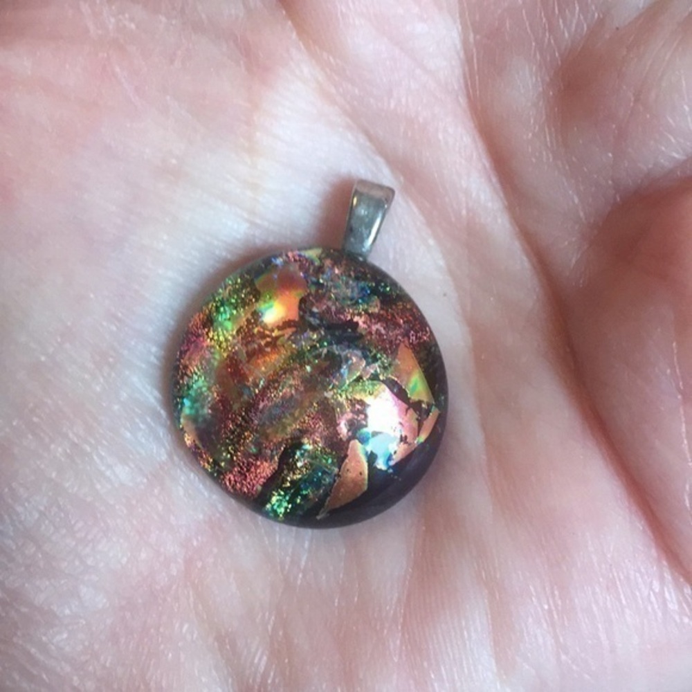 Fiery Copper, Bronze & Gold Colored Round Dichroic Glass Pendent